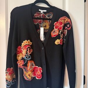 Black Multicolor Floral Embroidered V Neck Whimsigoth Cardigan Sweater NWT